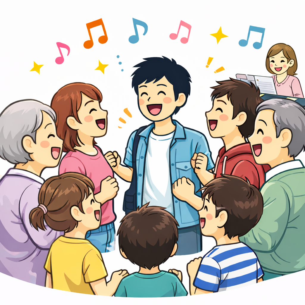 輪になって歌う楽しさを示すイラスト